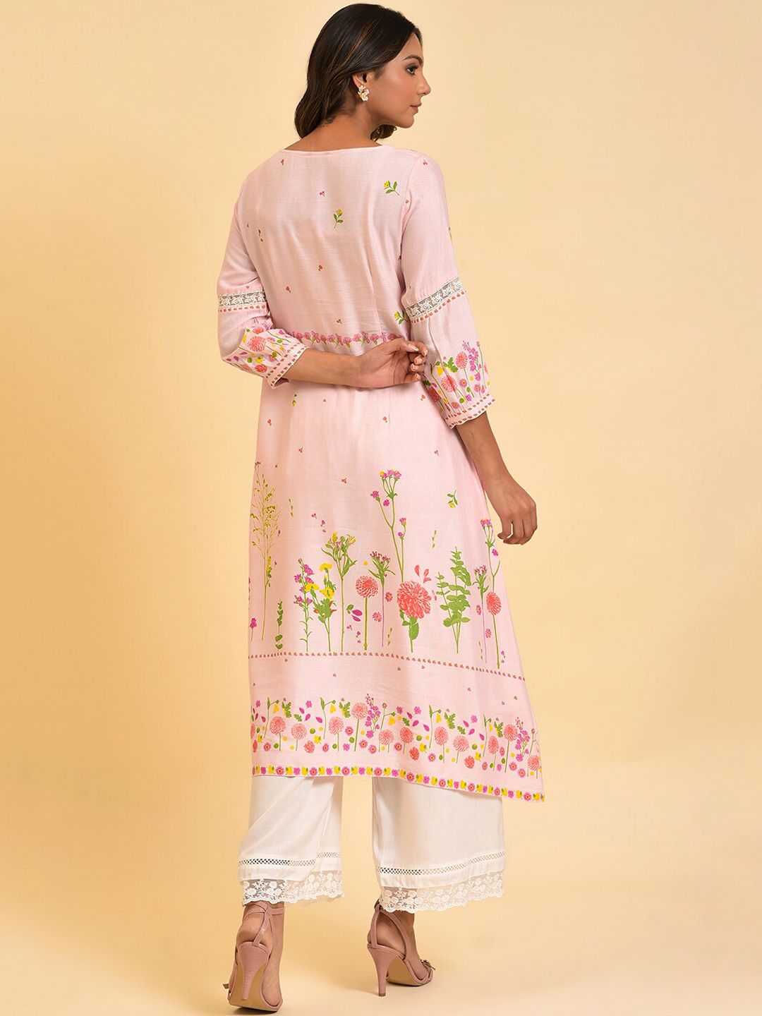 W Pink & Yellow Floral Printed Keyhole Neck Kurta