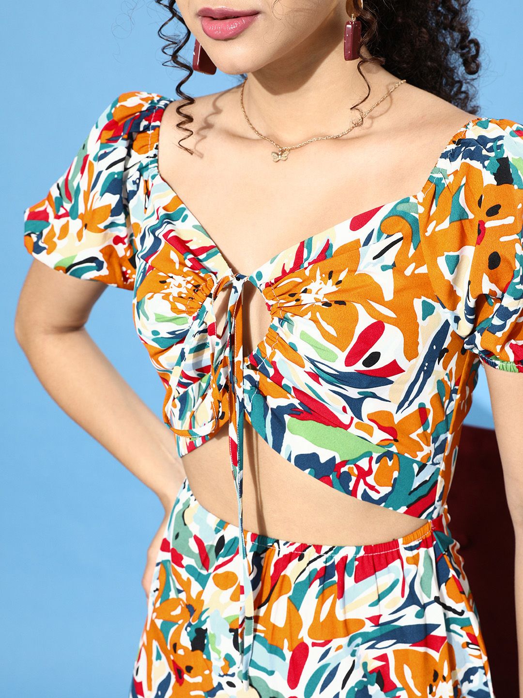 Berrylush White Brushstroke Print Tie Front Peekaboo Ruffle Hem Mini Dress