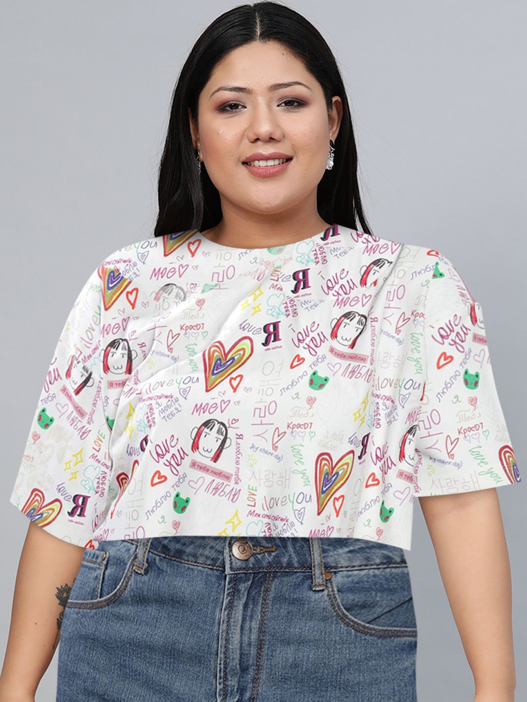 SASSAFRAS Women White & Red Typography Printed Drop-Shoulder Sleeves Boxy Crop T-shirt