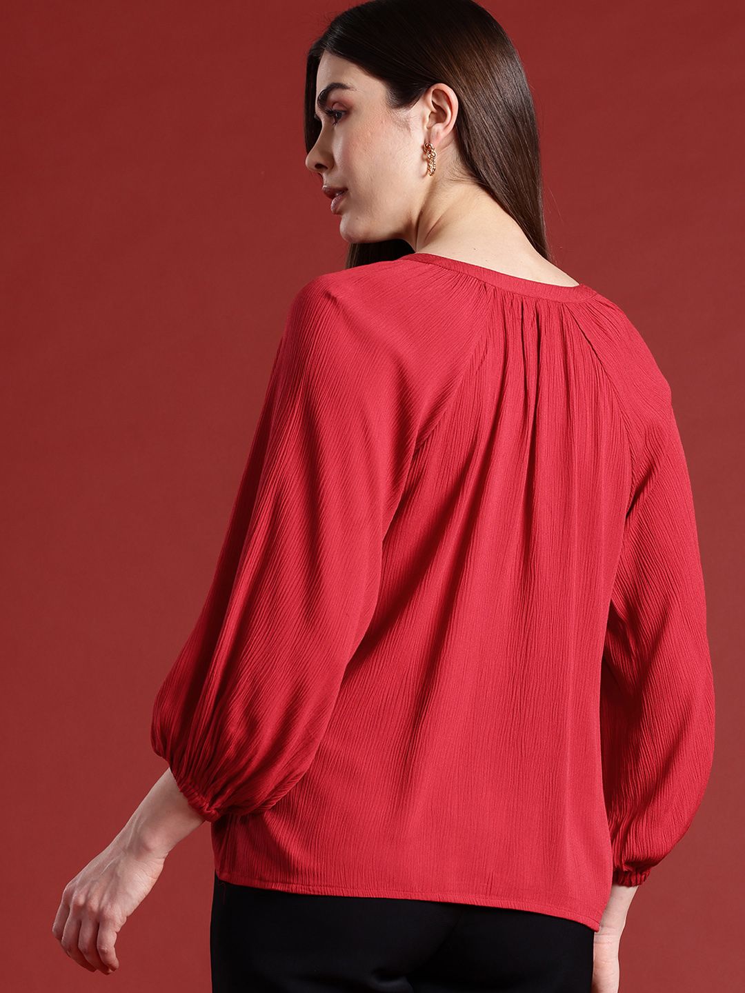 all about you Mandarin Collar Raglan Puffed Sleeves Embroidered Detail Top