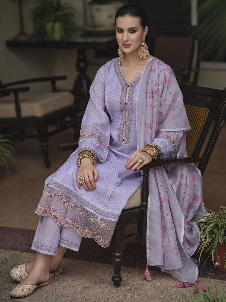 Indo Era Lavender & Pink Floral Embroidered Thread Work Linen Kurta Set