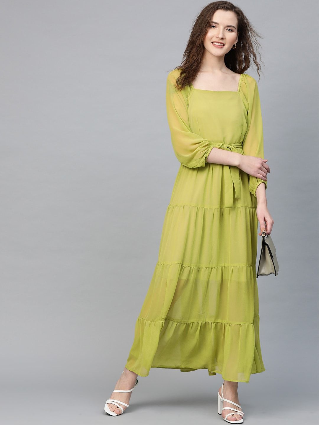 SASSAFRAS Lime Green Tiered Pleated Maxi Dress