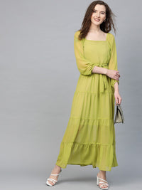 SASSAFRAS Lime Green Tiered Pleated Maxi Dress