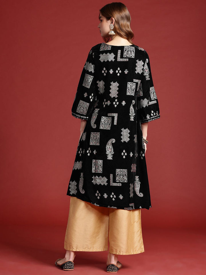 Anouk Women Tyohar Collection Ethnic Motifs Printed Thread Work Velvet Finish A-Line Kurta