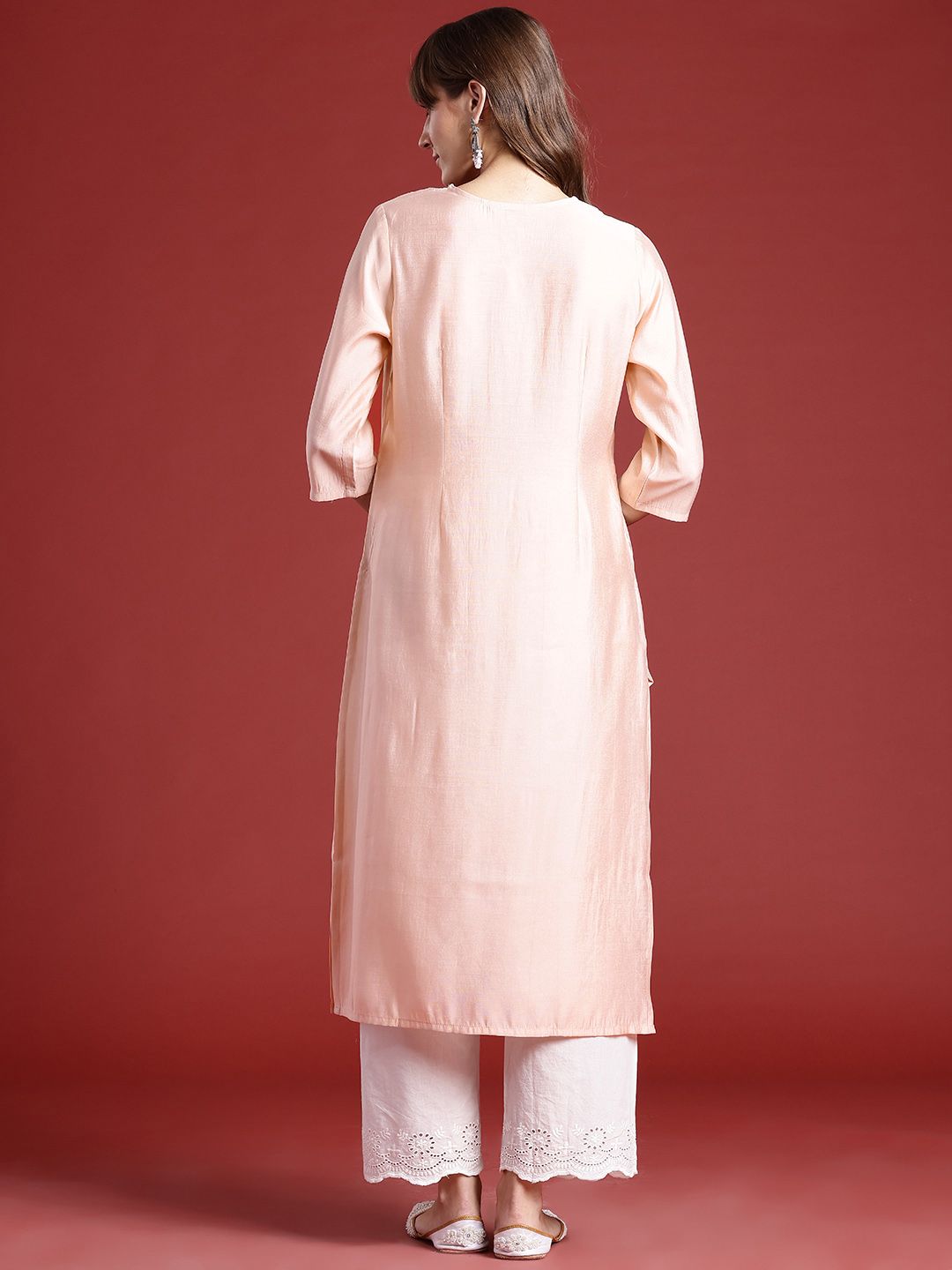 Anouk Floral Embroidered V-Neck Beads & Stones Studded Straight Kurta