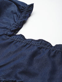 DressBerry Puff Sleeve Chambray Cinched Waist Top