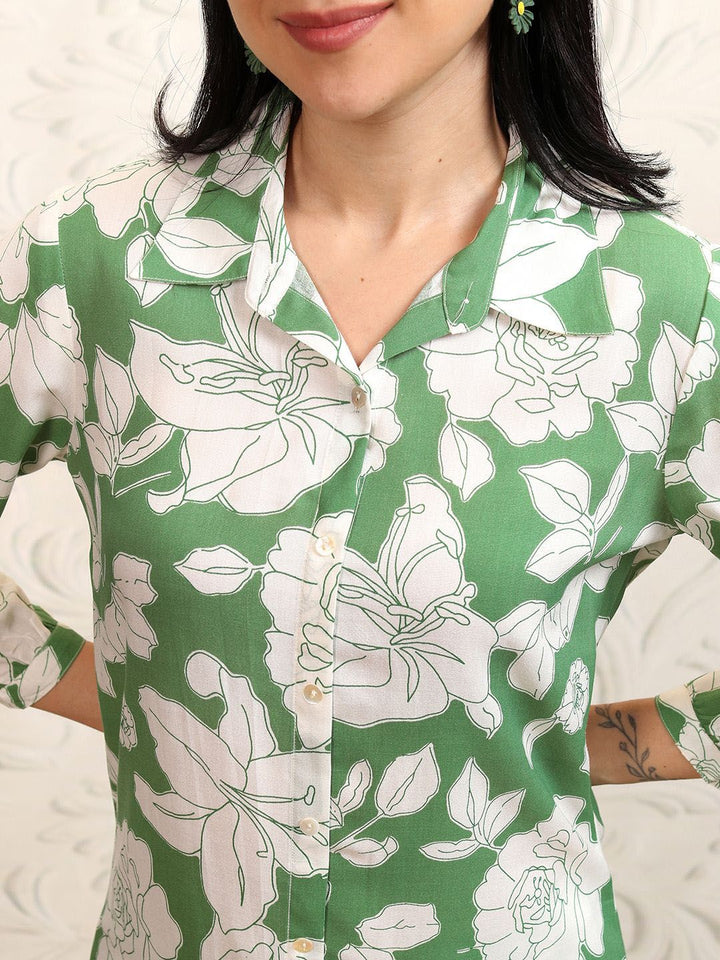 Vishudh Green Floral Printed Pure Cotton Longline Shirt With Palazzos