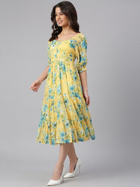 Janasya Women Yellow Georgette Floral Printed Flared Dress