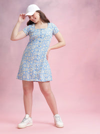 DressBerry Floral Print Square Neck Button-Up A-Line Dress