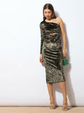 SASSAFRAS Olive Green One Shoulder Cut-Out Velvet Sheath Midi Dress