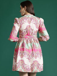 DressBerry Ethnic Motifs Print Puff Sleeves A-Line Mini Dress with Belt