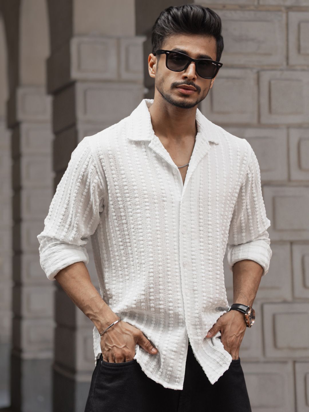 Powerlook Self Design Textured Opaque Casual Shirt