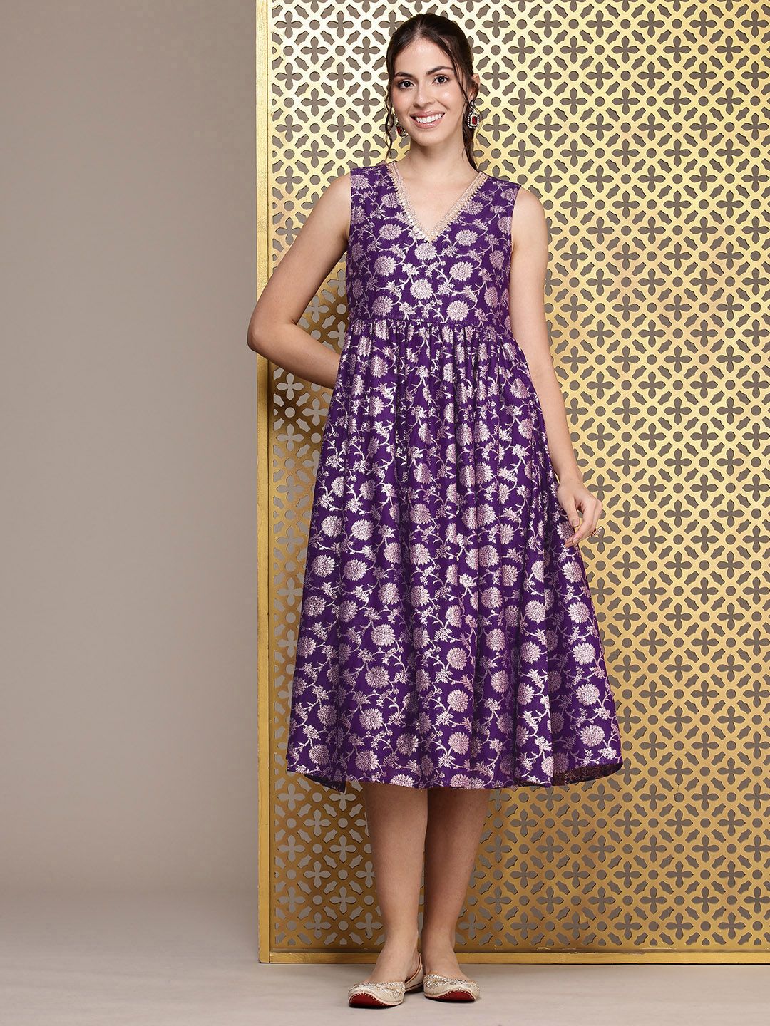 House of Pataudi Floral Embroidered A-Line Midi Jashn Dress