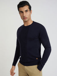 Raymond Men Navy Blue Solid Cable Knit Pullover