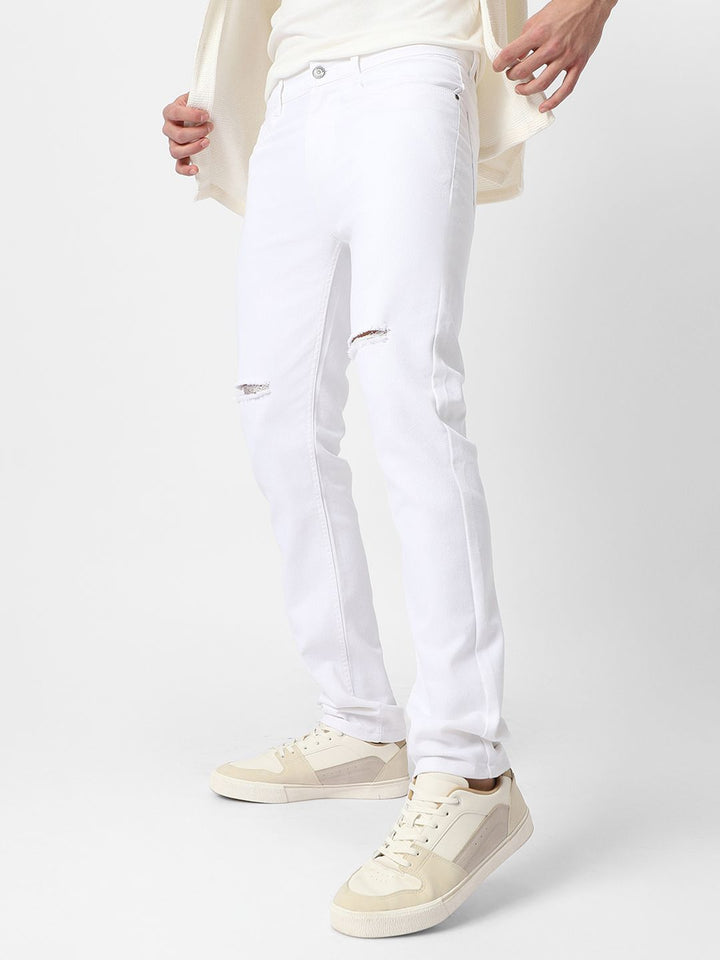 Urbano Fashion Men White Slim Fit Mid-Rise Slash Knee Stretchable Jeans