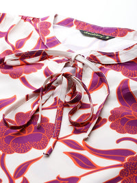 DressBerry Floral Print Tie-Up Neck Puff Sleeve A-Line Dress