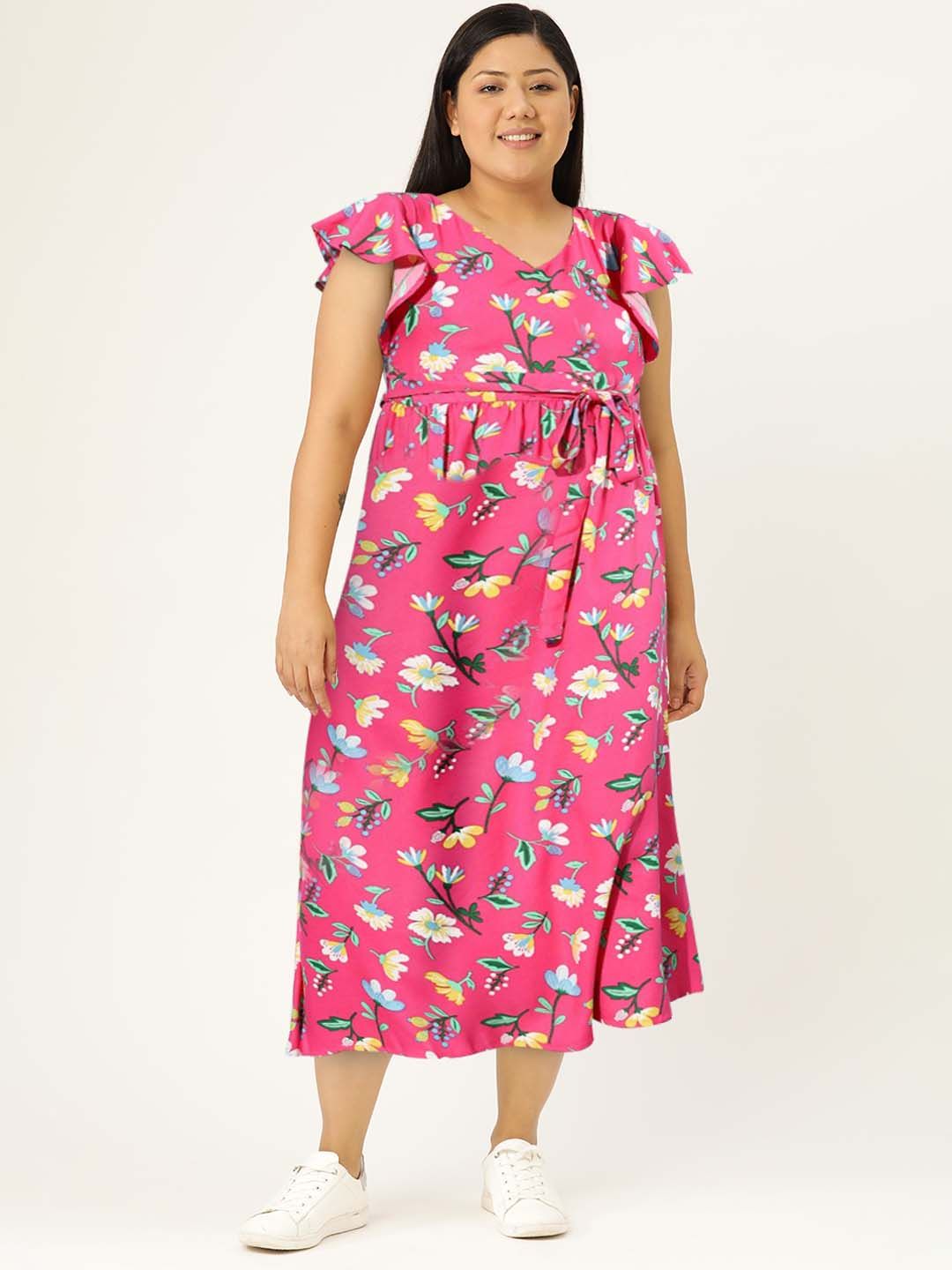 DressBerry Women Pink & Green Tropical Printed V-Neck Midi Dress With A Belt