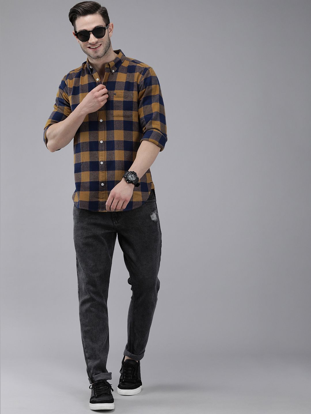 THE BEAR HOUSE Men Mustard Yellow Slim Fit Checked Flannel Pure Cotton Casual Shirt