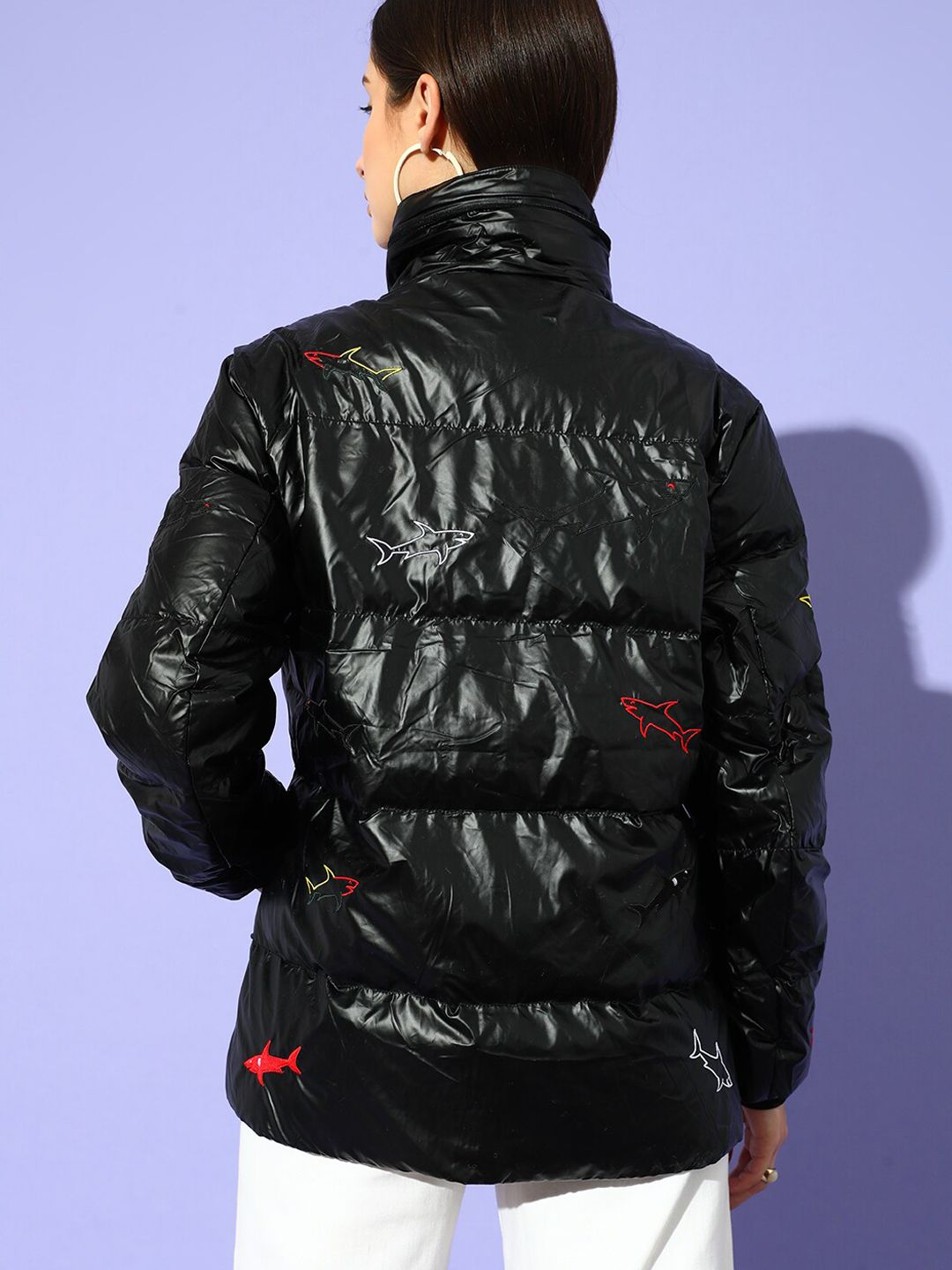 STREET 9 Women Black Floral Longline Puffer Jacket