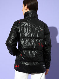STREET 9 Women Black Floral Longline Puffer Jacket
