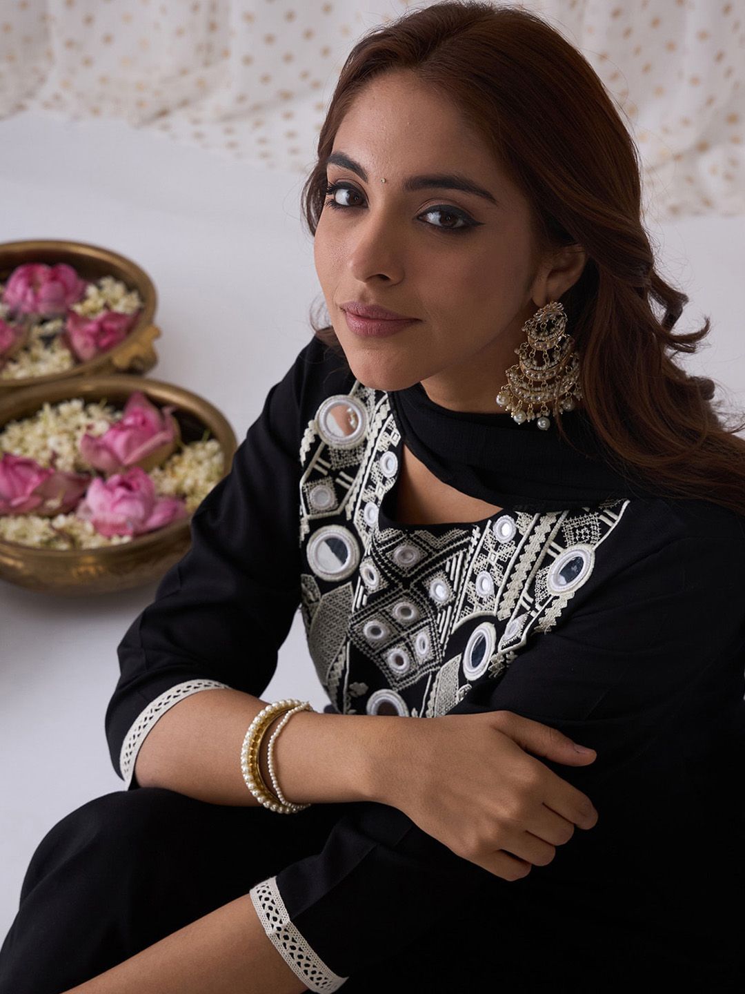 Indo Era Ethnic Embroidered Round Neck Straight Kurta with Trousers & Dupatta