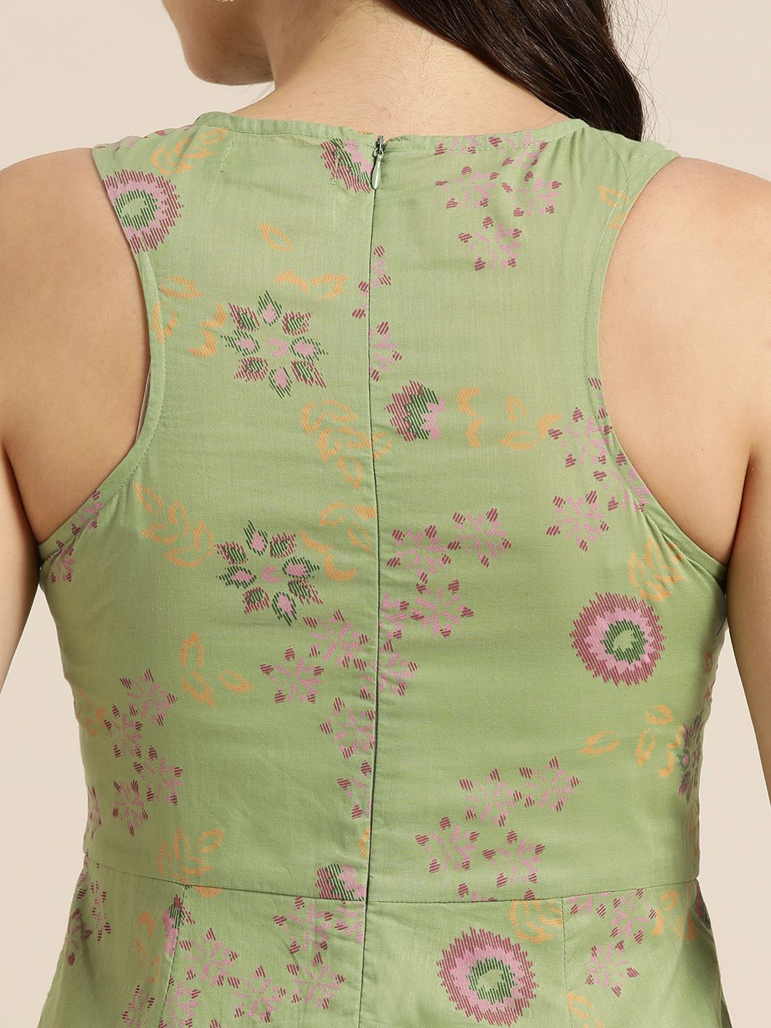 Shae by SASSAFRAS Women Green & Pink Printed Anarkali Kurta