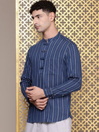 House of Pataudi Mandarin Collar Striped Rozana Kurta