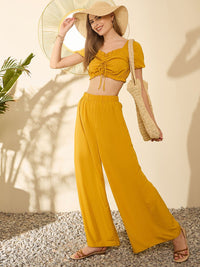 Berrylush Yellow Sweetheart Neck Crop Top With Palazzos