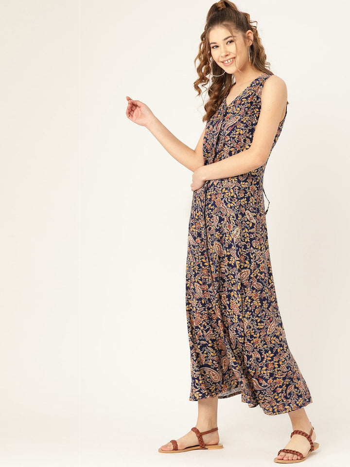 DressBerry Navy Blue & Mustard Yellow Floral Printed Maxi Dress