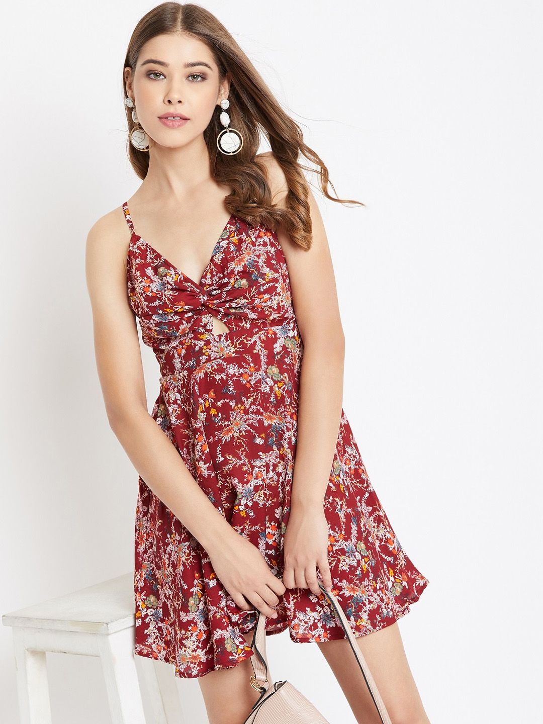 Berrylush Women Maroon Floral Printed Front Twist Knot Fit and Flare Dress