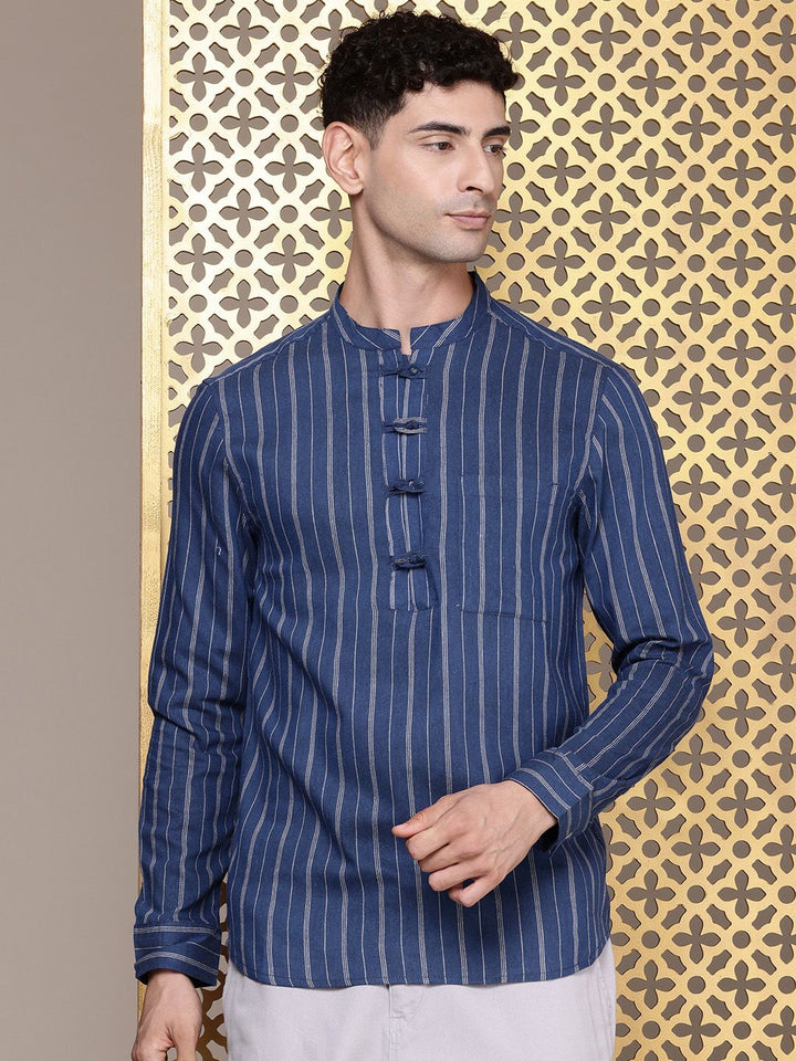 House of Pataudi Mandarin Collar Striped Rozana Kurta
