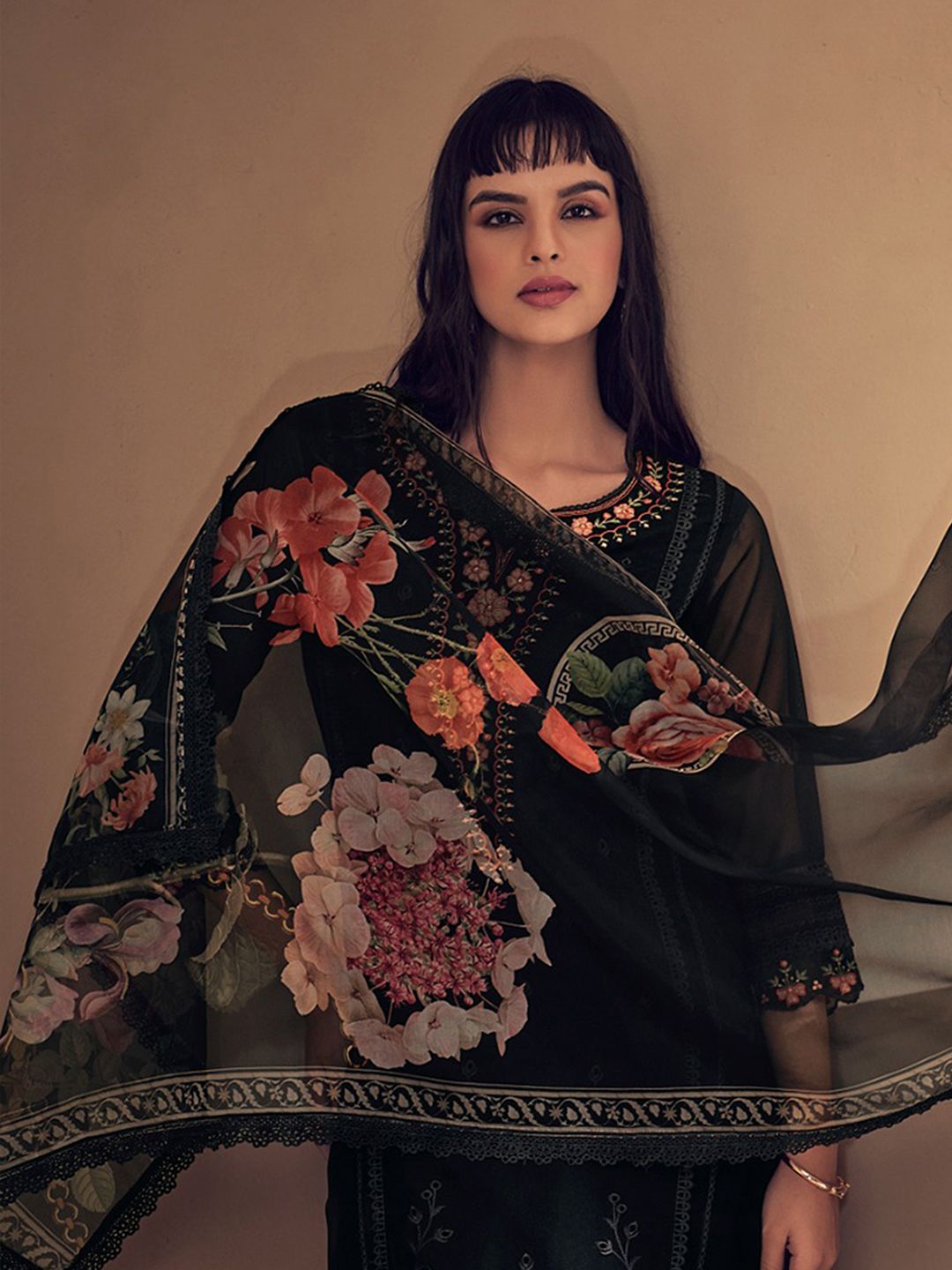 Indo Era Women Floral Embroidered Panelled Thread Work Kurta with Trousers & With Dupatta