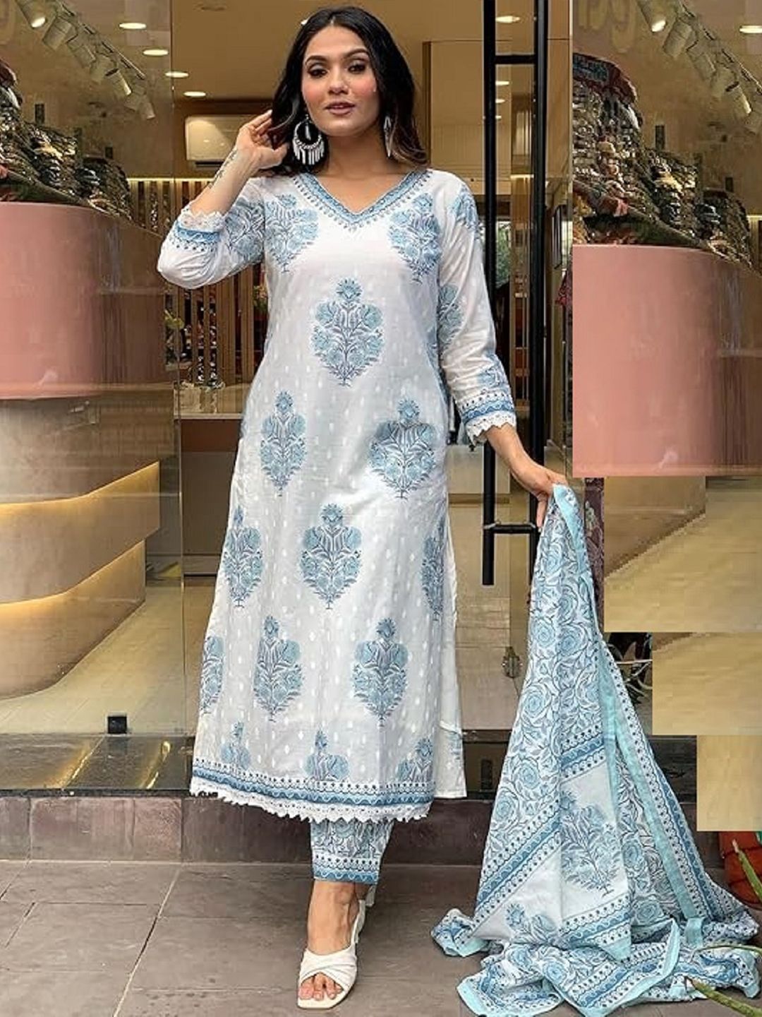 KALINI Floral Printed V-Neck Straight Kurta With Trousers And Dupatta