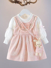 YK Girls Cotton Self Design Fit & Flare Dress