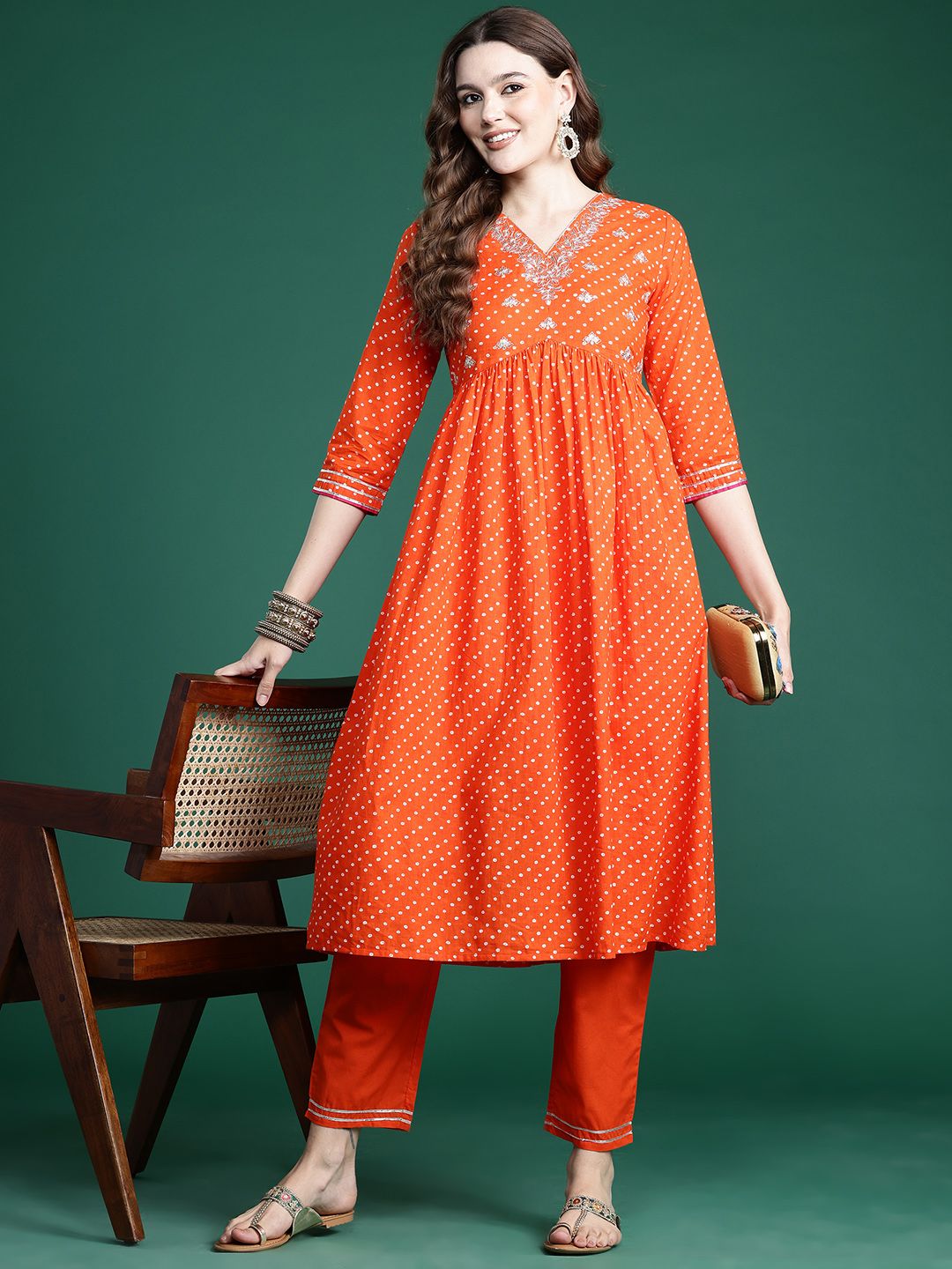 Indo Era Bandhani Embroidered Empire Pure Cotton Kurta with Trousers
