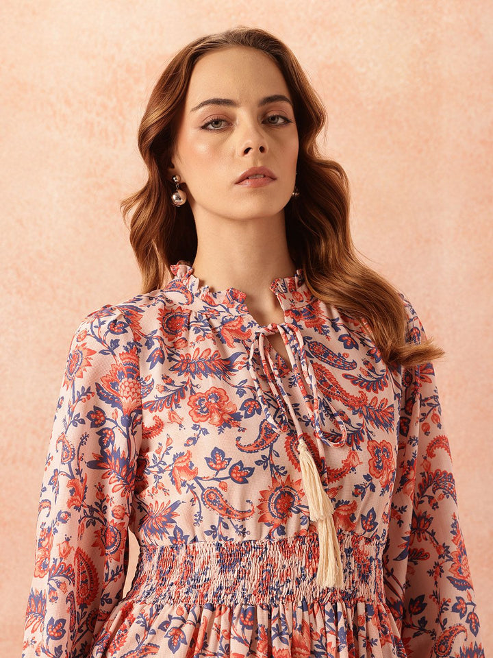 all about you Ethnic Motifs Print Tie-Up Neck Puff Sleeve Fit & Flare Dress