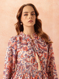 all about you Ethnic Motifs Print Tie-Up Neck Puff Sleeve Fit & Flare Dress