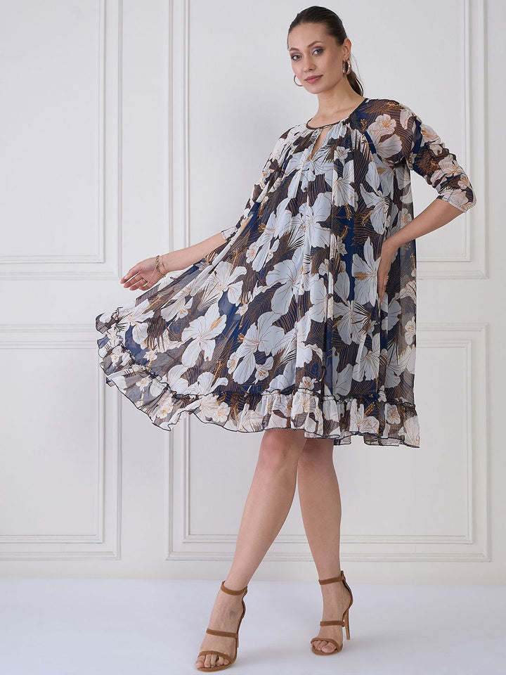 Antheaa Floral Print Keyhole Neck Chiffon Fit & Flare Dress