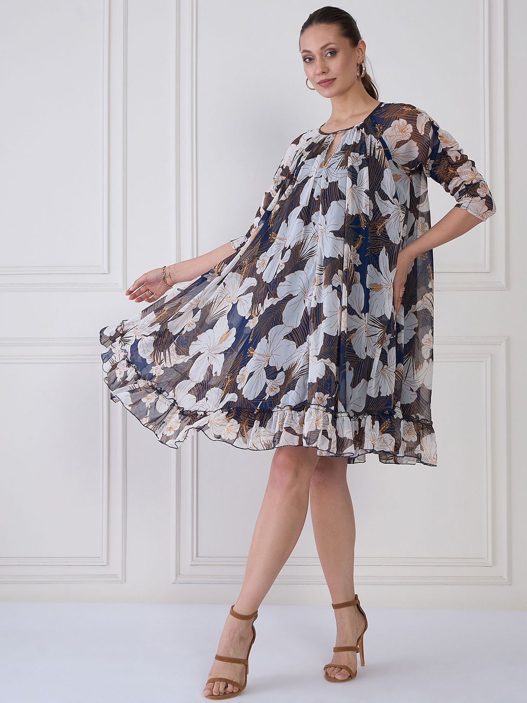 Antheaa Floral Print Keyhole Neck Chiffon Fit & Flare Dress