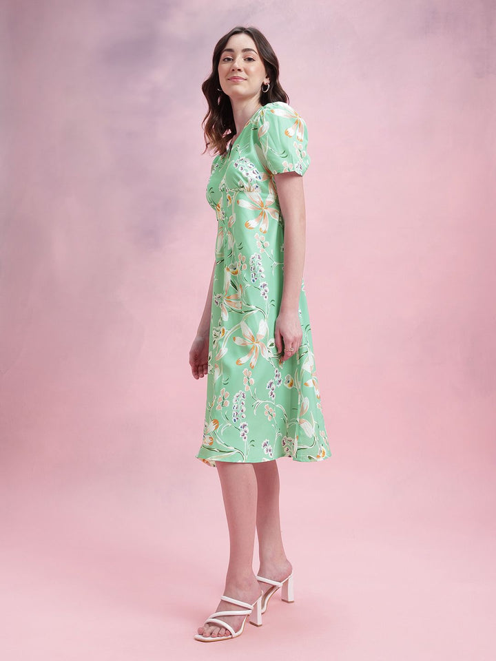 DressBerry Floral Print Puff Sleeves A-Line Midi Dress with Mock Buttons