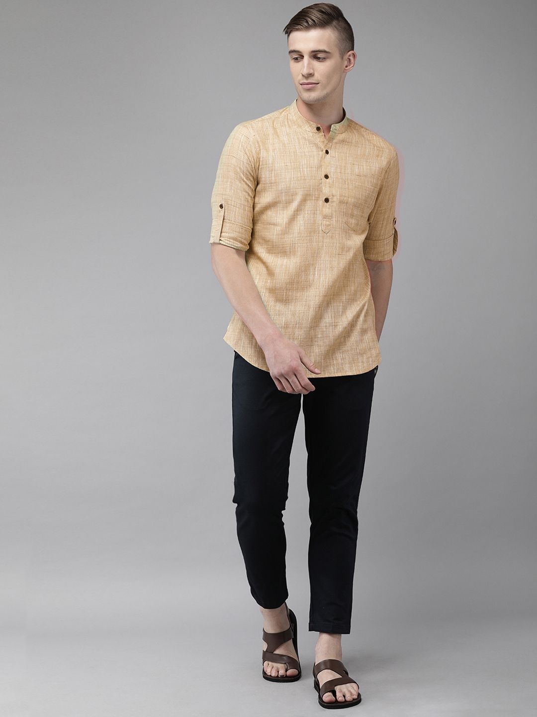 Anouk Men Beige Solid Straight Kurta