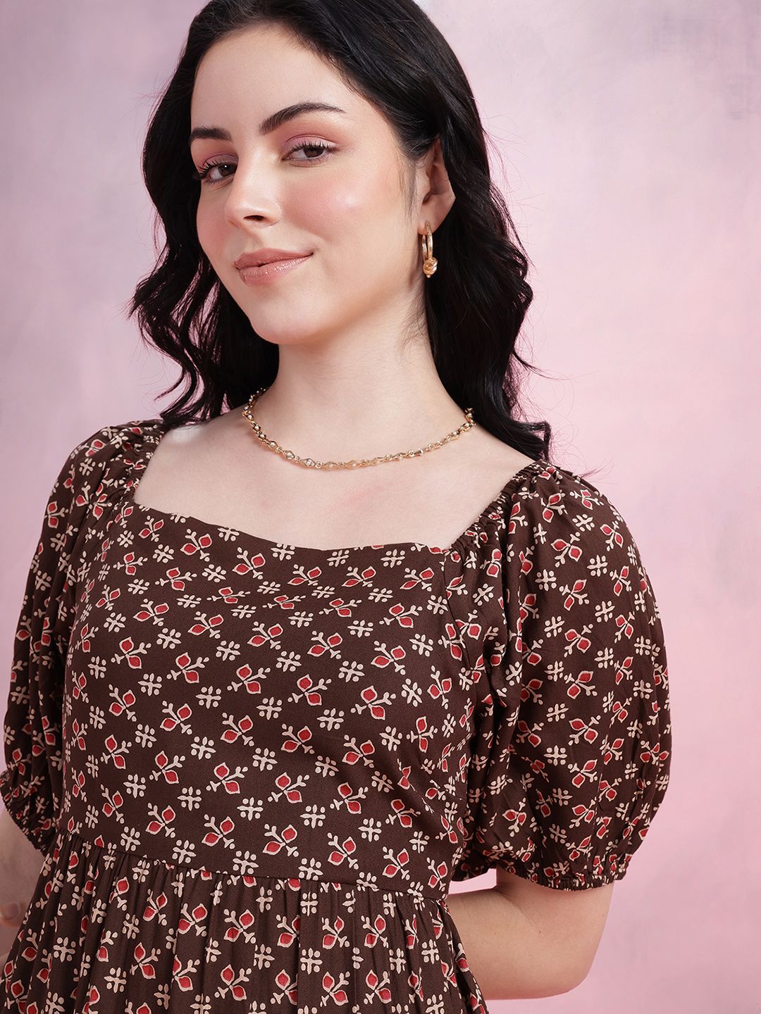 DressBerry Ethnic Print Cut-Out Back A-Line Midi Dress