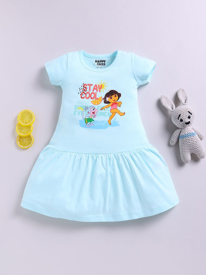 Happy Faces Girls Dora Printed Pure Cotton Fit & Flare Dress
