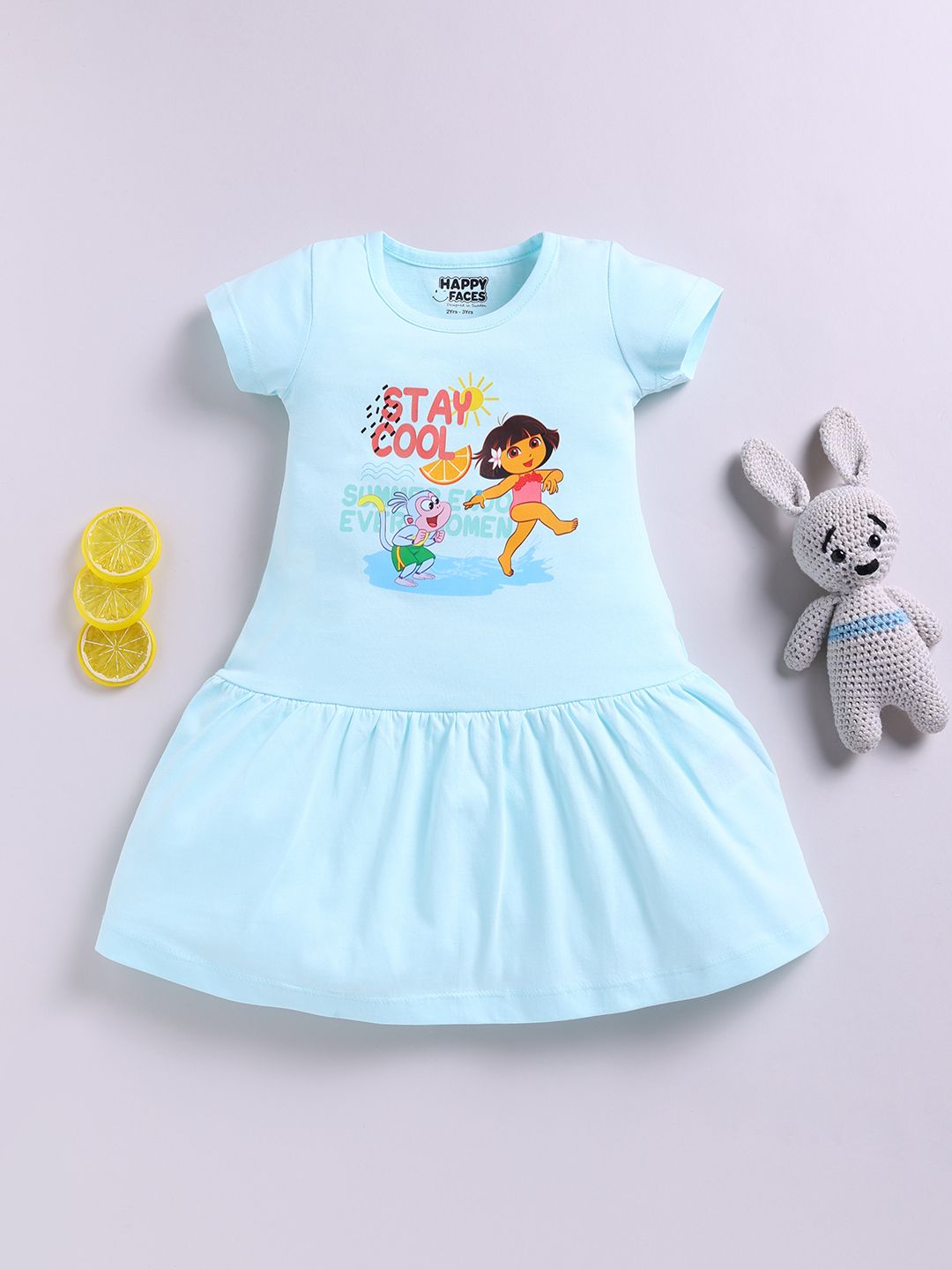Happy Faces Girls Dora Printed Pure Cotton Fit & Flare Dress