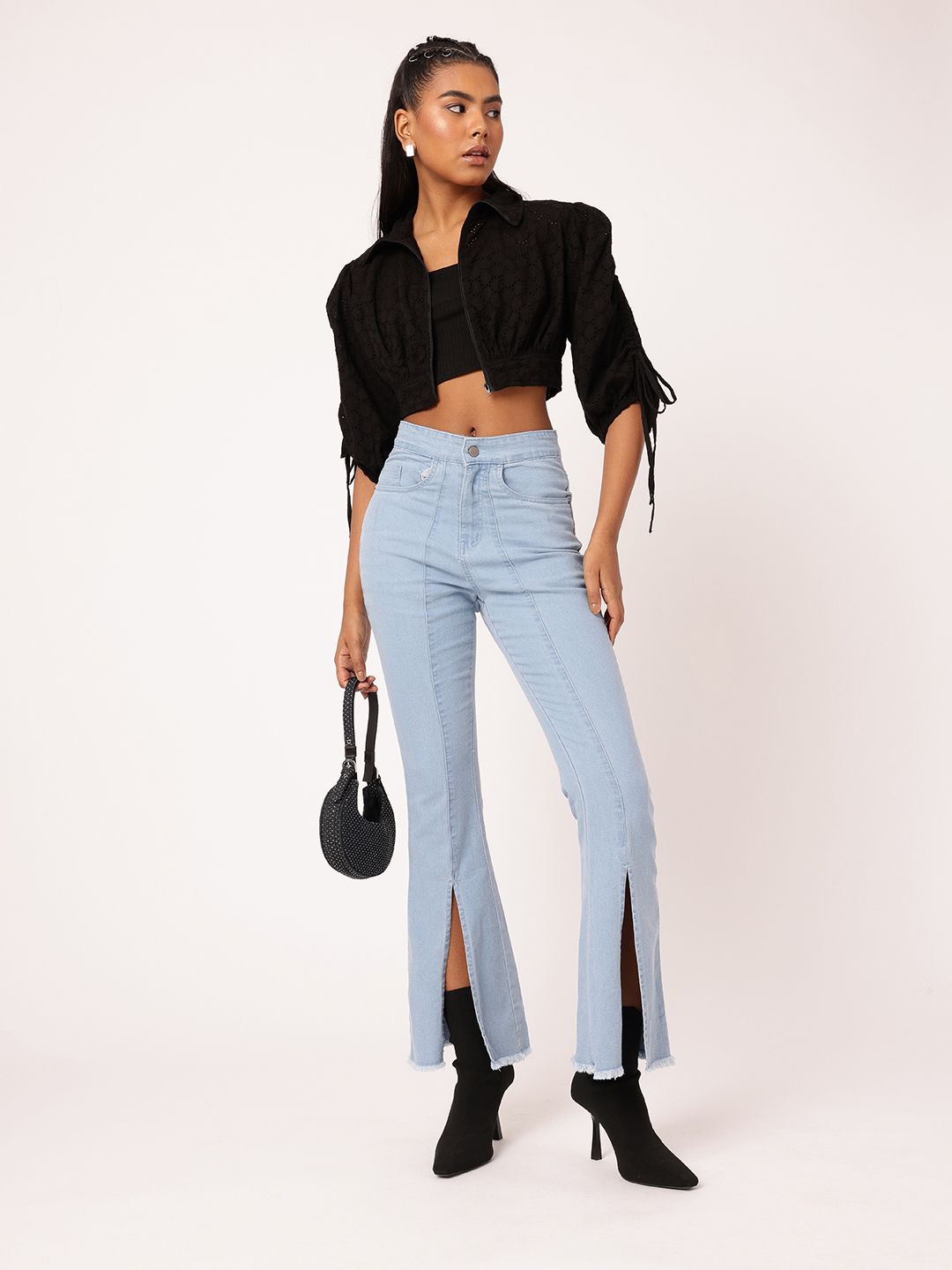 DressBerry Edgy Chic With Schiffli Puff Sleeve Shirt Style Crop Top