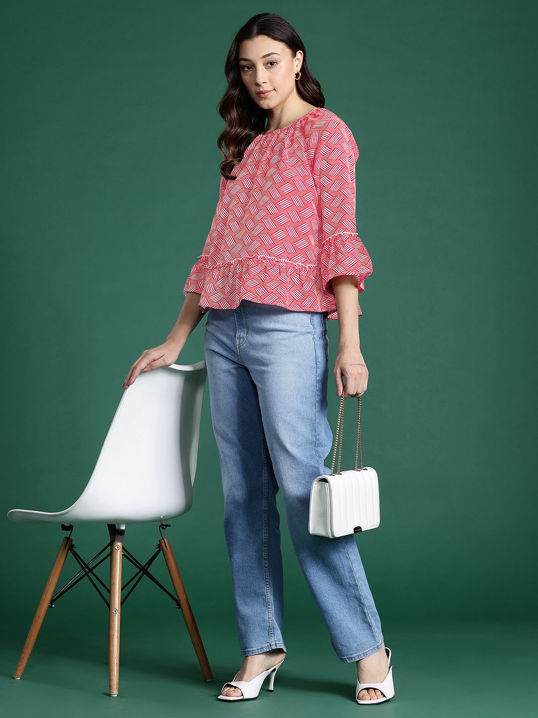 DressBerry Geometric Print Flared Sleeve Top