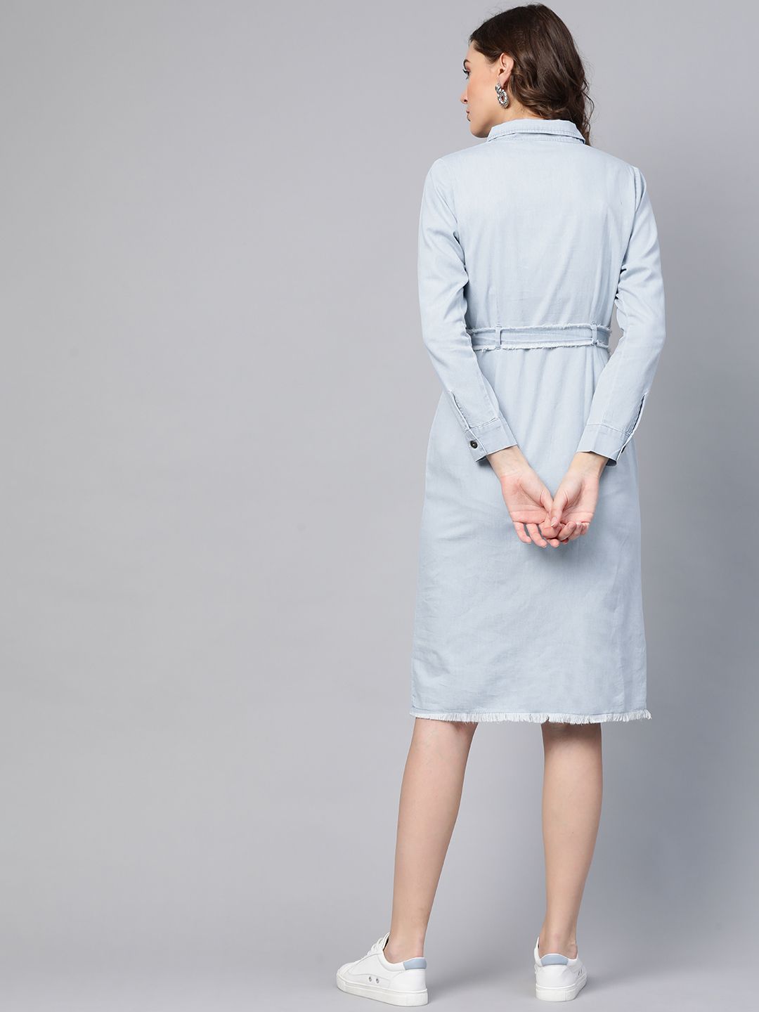SASSAFRAS Serene Blue Solid Frayed Denim Dress