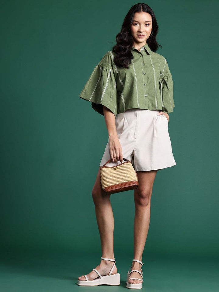 DressBerry Women Boxy Flared Sleeves Striped Casual Pure Cotton Shirt