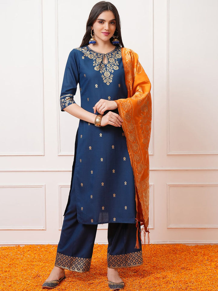 Vishudh Teal Blue Floral Printed Regular Kurta with Palazzo & Dupatta
