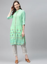Global Desi Women Green & Red Printed A-Line Kurta